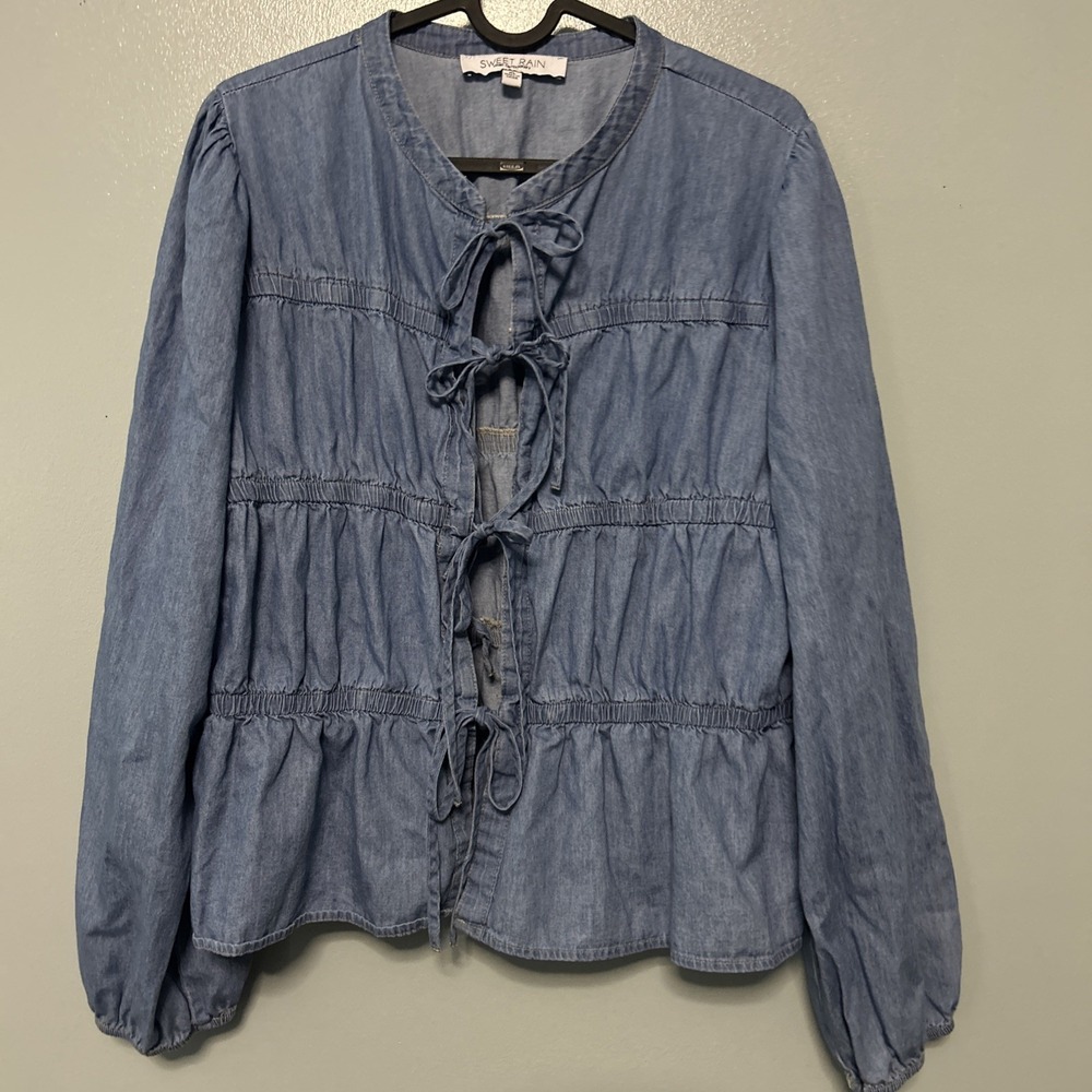 Sweet Rain Size XL Denim Front Tie Long Sleeve Peasant Blouse Cottage Core Fairy